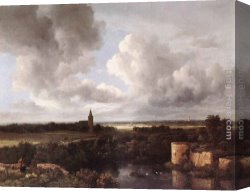 Ruisdael Canvas Paintings - An Extensive Landscape with a Ruined Castle and a Village Church by Jacob van Ruisdael