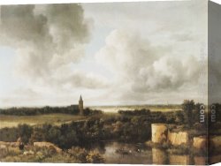Ruisdael Canvas Paintings - Landscape with Church and Ruined Castle by Jacob van Ruisdael
