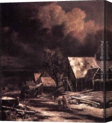 Ruisdael Canvas Paintings - Village at Winter at Moonlight by Jacob van Ruisdael