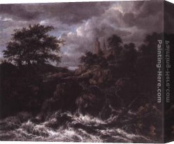 Ruisdael Canvas Paintings - Waterfall by a Church by Jacob van Ruisdael