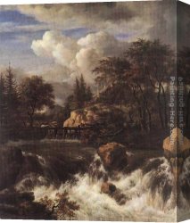Jacob Canvas Paintings - Waterfall in a Rocky Landscape by Jacob van Ruisdael