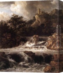 Jacob Canvas Paintings - Waterfall with Castle Built on the Rock by Jacob van Ruisdael