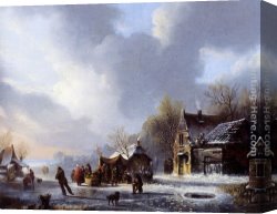 Skaters Canvas Paintings - Skaters On A Frozen River Near A 'Koek En Zopie' by Jacobus Van Der Stok