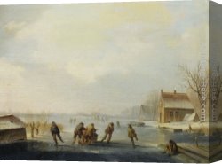 Skaters Canvas Paintings - Skaters on a frozen waterway by Jacobus Van Der Stok
