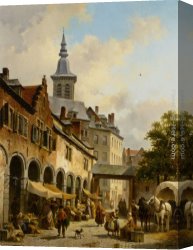 Squares with Concentric Canvas Paintings - A Busy Market on a Town Square by Jacques Carabain