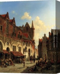 Busy Canvas Paintings - Morning In A Busy Market by Jacques Carabain