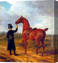 Agasse Canvas Paintings - Lord Rivers' Groom Leading a Chestnut Hunter towards a Coursing Party in Hampshire by Jacques-Laurent Agasse