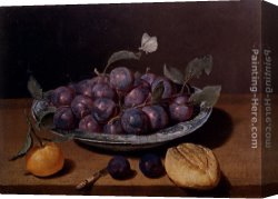 Bread Canvas Paintings - Still Life Of A Plate Of Plums And A Loaf Of Bread by Jacques Linard