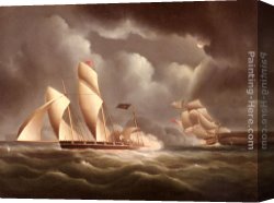 Cousin Reginald Plays Pirate Canvas Paintings - A British Frigate Attacking A Pirate Lugger At Night by James E. Buttersworth