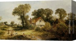 Gingerbread Cottage Canvas Paintings - Childrem by a Country Cottage by James Edwin Meadows