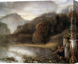 Classical Canvas Paintings - Classical figures by a river with a Temple Beyond by James Smetham