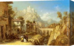 A Mediterranean Courtyard Canvas Paintings - A Mediterranean Landscape with Villagers by James Webb