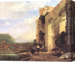 A Wooded Landscape with a Figure Crossing a Bridge Over a Stream Canvas Paintings - Italian Landscape with the Ruins of a Roman Bridge and Aqueduct by Jan Asselyn