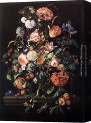 Glass Canvas Paintings - Flowers in Glass and Fruits by Jan Davidsz de Heem