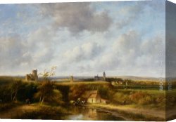 Farm Canvas Paintings - An Extensive Summer Landscape with Peasants by a Farm, A Village in the Distance by Jan Evert Morel