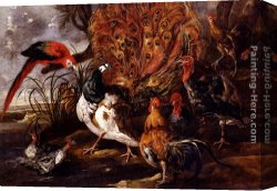 Double Roosters Canvas Paintings - A Peacock In A Landscape With Roosters, Turkeys, Ducks, A Heron And A Parrot by Jan Fyt