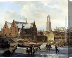 Skaters Canvas Paintings - Skaters On A Frozen Canal by Jan Hendrik Verheijen