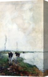 Standing Canvas Paintings - A Cow Standing By The Waterside In A Polder by Jan Hendrik Weissenbruch