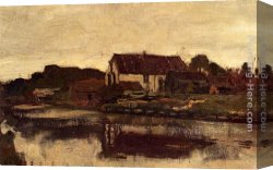 Cattle on The Waterfront Canvas Paintings - A Farm On The Waterfront by Jan Hendrik Weissenbruch