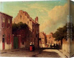 A Sunlit Townview with Figures Gathered on a Square Along a Canal Canvas Paintings - A Sunlit Townview With Figures Conversing by Jan Hendrik Weissenbruch