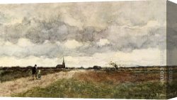 Hendrik Canvas Paintings - Figures On A Country Road, A Church In The Distance by Jan Hendrik Weissenbruch