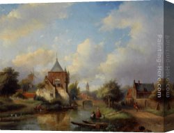 Riverside Canvas Paintings - A Summer Landscape with Figures Along the Riverside by Jan Jacob Coenraad Spohler