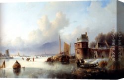 A Winter Landscape with Skaters Near a Village Canvas Paintings - A Winter Landscape With Numerous Skaters On A Frozen Waterway, Dordrecht In The Distance by Jan Jacob Coenraad Spohler