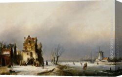 A Winter Landscape with Skaters Near a Village Canvas Paintings - A Winter Landscape with Skaters near a Village by Jan Jacob Coenraad Spohler