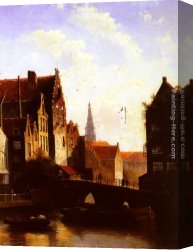 View of a Riverside Dutch Town Canvas Paintings - Figures on a Bridge in a Dutch Town by Jan Jacob Coenraad Spohler