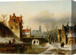 View of a Riverside Dutch Town Canvas Paintings - Figures on a frozen canal in a Dutch town by Jan Jacob Coenraad Spohler