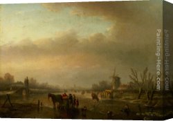 Skaters Canvas Paintings - Skaters on a Frozen Canal by Jan Jacob Coenraad Spohler