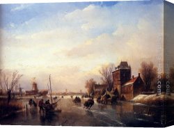 Skaters Canvas Paintings - Skaters on a Frozen River by Jan Jacob Coenraad Spohler