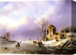 Lord Rivers' Roan Mare in a Landscape Canvas Paintings - Winter Landscape with Figures on a Frozen River by Jan Jacob Coenraad Spohler