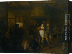 Molenaer Canvas Paintings - A Tavern Interior with a Bagpiper and a Couple Dancing by Jan Miense Molenaer