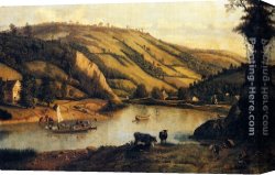 Cattle And Sheep Resting Canvas Paintings - An Extensive River landscape, Probably Derbyshire, With Drovers And Their Cattle In The Foreground by Jan Siberechts