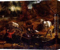 Cart Canvas Paintings - Figures With A Cart And Horses Fording A Stream by Jan Siberechts
