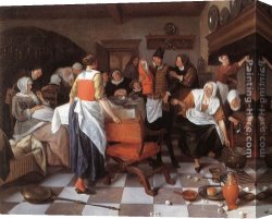 Jan Miense Molenaer Canvas Paintings - Celebrating the Birth by Jan Steen