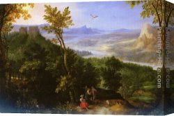 Wooded Landscape with Water Mill Canvas Paintings - An Extensive Landscape With Figures On A Wooded Path by Jan the elder Brueghel