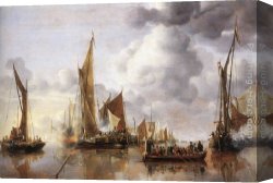 Fleet Canvas Paintings - The State Barge Saluted by the Home Fleet by Jan van de Capelle