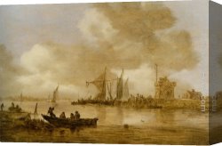 Lighthouse Canvas Paintings - A river estuary with Dutch shipping and a Lighthouse by Jan van Goyen