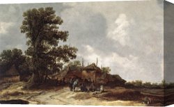 Farmyard Canvas Paintings - Farmyard with Haystack by Jan van Goyen