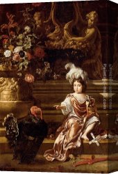 Jan Miense Molenaer Canvas Paintings - A Boy Seated On A Terrace With His Pet Monkey And a Turkey, A Still Life Of Flowers In A Sculpted Urn At Left by Jan Weenix