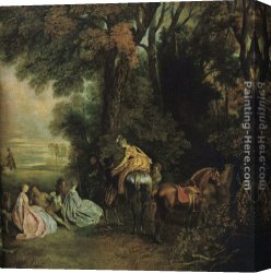 Halt of The Brigands Canvas Paintings - A halt during the chase by Jean-Antoine Watteau
