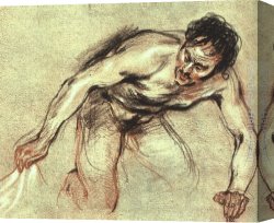 Antoine Canvas Paintings - Kneeling Male Nude by Jean-Antoine Watteau