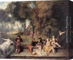 Antoine Canvas Paintings - Merry Company in the open air by Jean-Antoine Watteau
