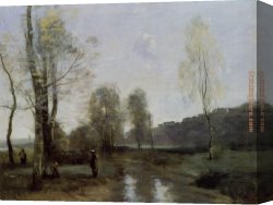 Jean-baptiste Canvas Paintings - Canal in Picardi by Jean-Baptiste-Camille Corot