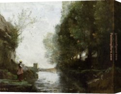 Squares with Concentric Canvas Paintings - Watercourse leading to the square tower by Jean-Baptiste-Camille Corot