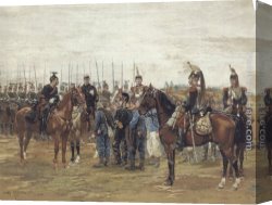 A Rank Soldier of The 7th Hussar Regiment Canvas Paintings - A French Cavalry Officer Guarding Captured Bavarian Soldiers by Jean Baptiste Edouard Detaille