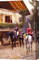 A Rank Soldier of The 7th Hussar Regiment Canvas Paintings - Officers from a Cuirassier Regiment in front of a Country House by Jean Baptiste Edouard Detaille