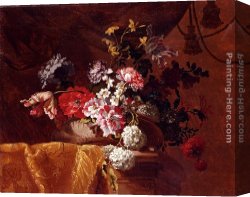 Stone Canvas Paintings - Still Life Of Hydrangeas, Convolvuli, Peonies And Other Flowers In An Urn On A Draped Stone Ledge by Jean-Baptiste Monnoyer